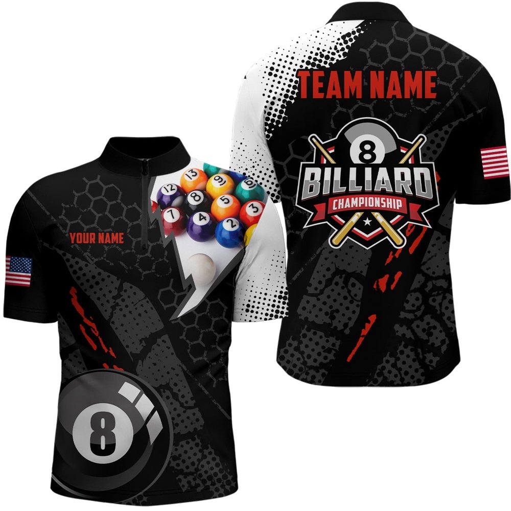 3D Billiard Balls Black Jersey Shirts, Custom US Flag 8 Ball Billiard Jerseys, Personalized Billiard Team Jersey Shirt