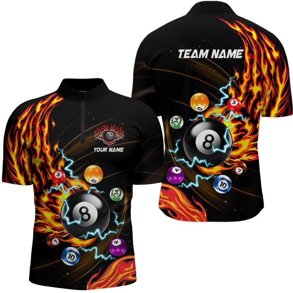 3D Billiard Balls Fire Flame Pool Shirts Custom Lightning Billiard Jerseys, Personalized Billiard Team Jersey Shirt