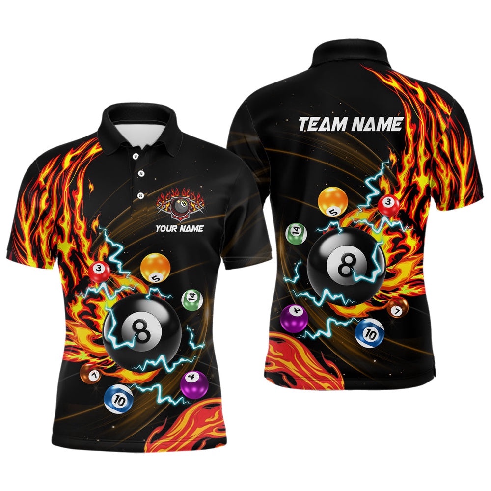 3D Billiard Balls Fire Flame Pool Shirts Custom Lightning Billiard Polo, Personalized Billiard Polo Shirt