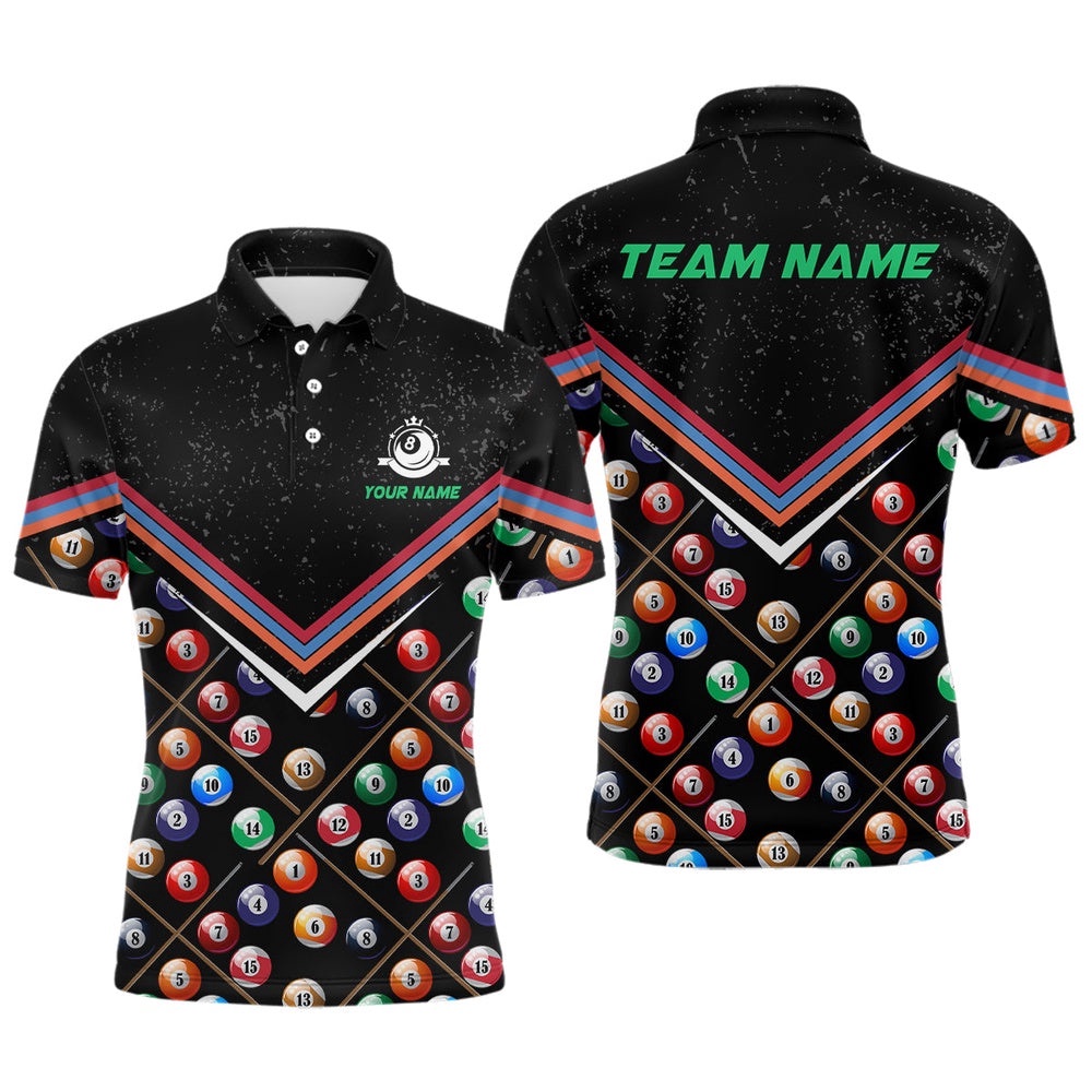 3D Billiard Balls Polo Shirts, Custom Black Grunge 8 Ball Pool Team Shirts, Personalized Billiard Polo Shirt