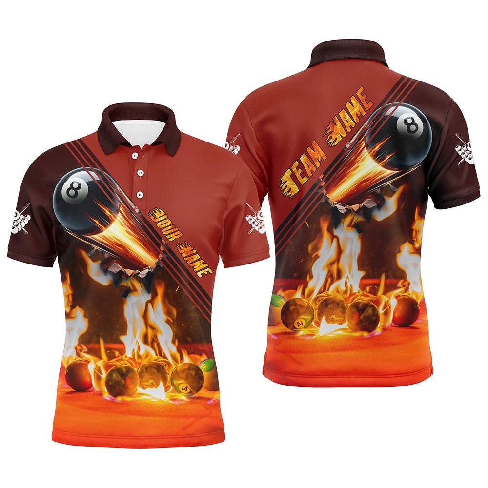 3D Fire Billiard Balls Polo Shirts Custom 8 Ball Pool Billiard Attire Polo, Personalized Billiard Polo Shirt