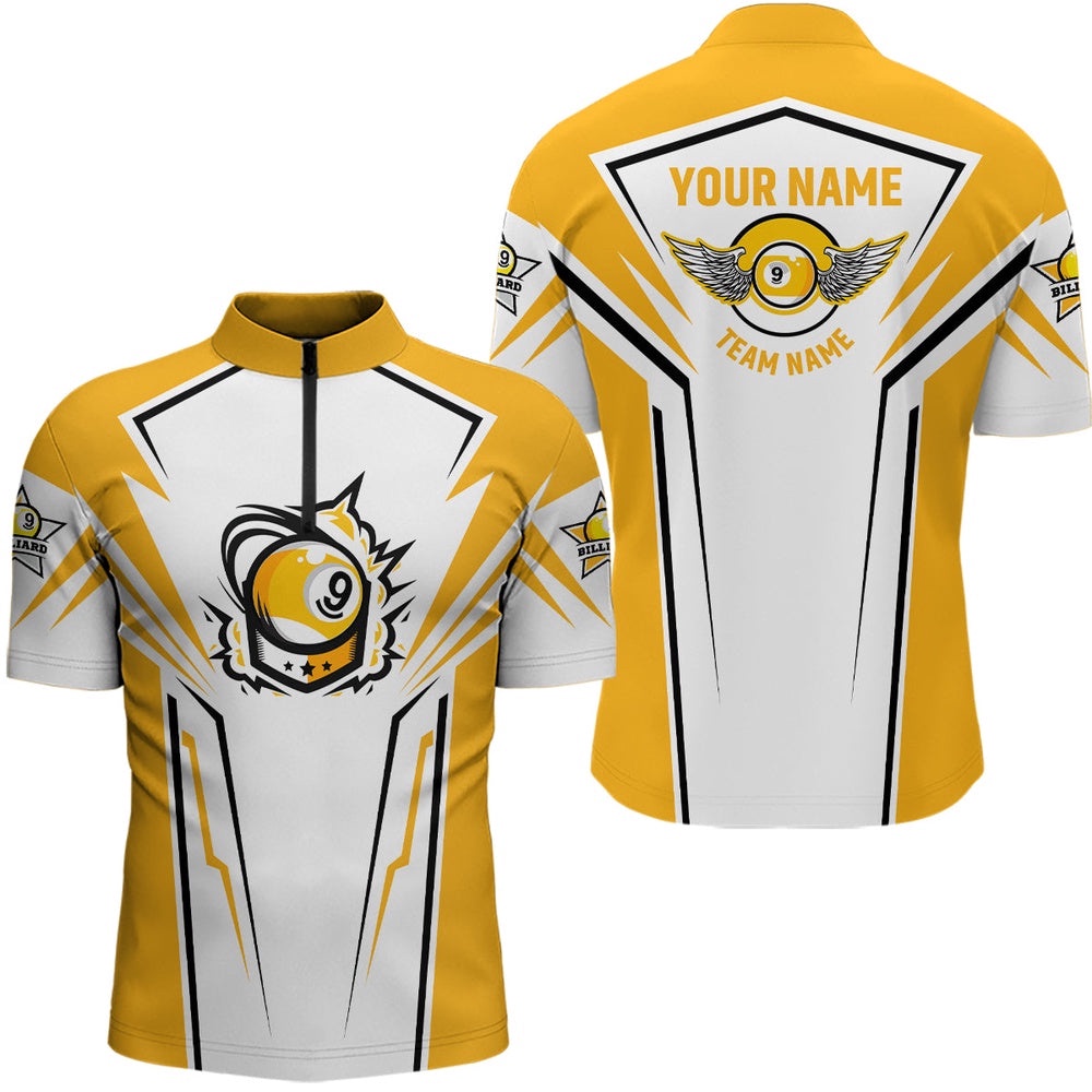 3D Funny Billiard 9 Ball Jersey Shirts, Custom White Yellow 9 Ball Pool Jerseys, Personalized Billiard Team Jersey Shirt