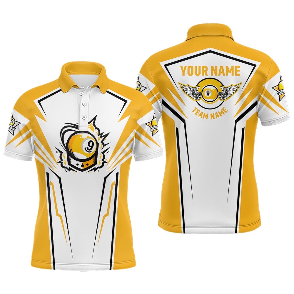 3D Funny Billiard 9 Ball Polo Shirts, Custom White Yellow 9 Ball Pool Polo, Personalized Billiard Polo Shirt
