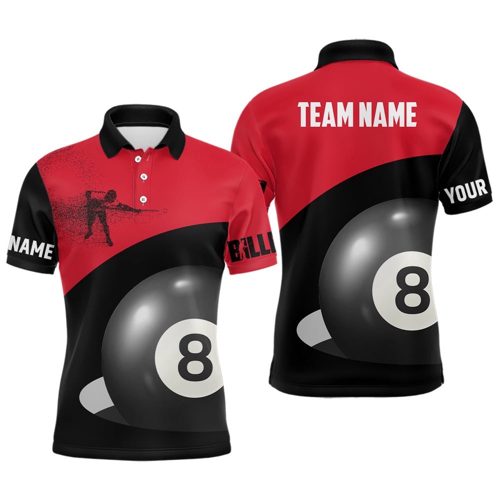 3D Funny Billiard Player 8 Ball Pool Red Black Polo Shirts, Billiards Polo, Personalized Billiard Polo Shirt