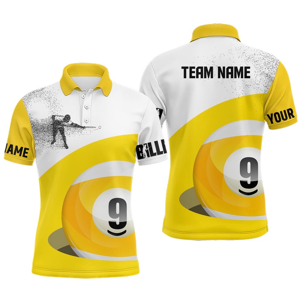 3D Funny Billiard Player Polo Shirts, Yellow Custom 9 Ball Pool Polo, Personalized Billiard Polo Shirt
