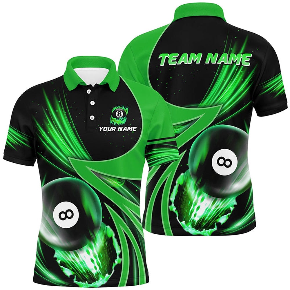 3D Green Polo Billiard 8 Ball Polo Shirts Custom Team League Billiard Shirts, Personalized Billiard Polo Shirt