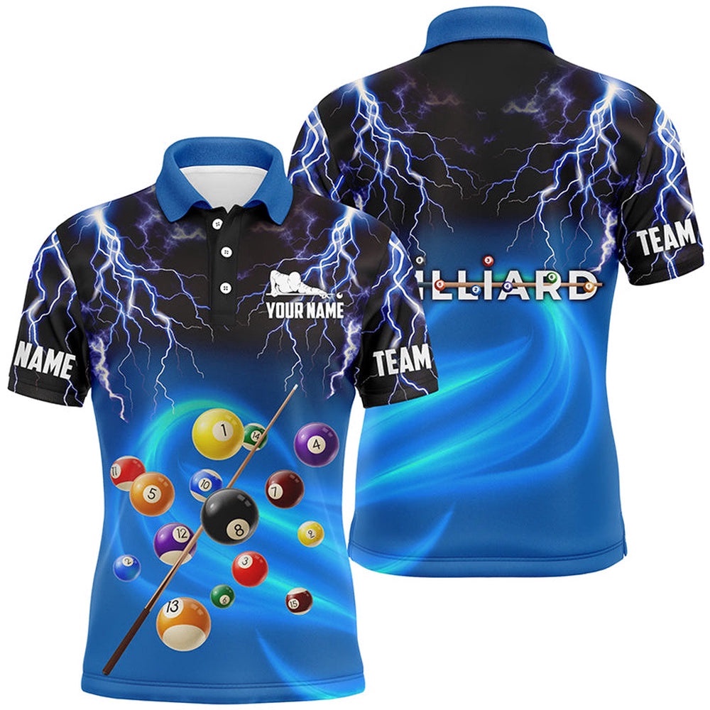 3D Thunder Lightning Blue Billiard Balls Polo Shirts, Custom Billiards Shirts, Personalized Billiard Polo Shirt