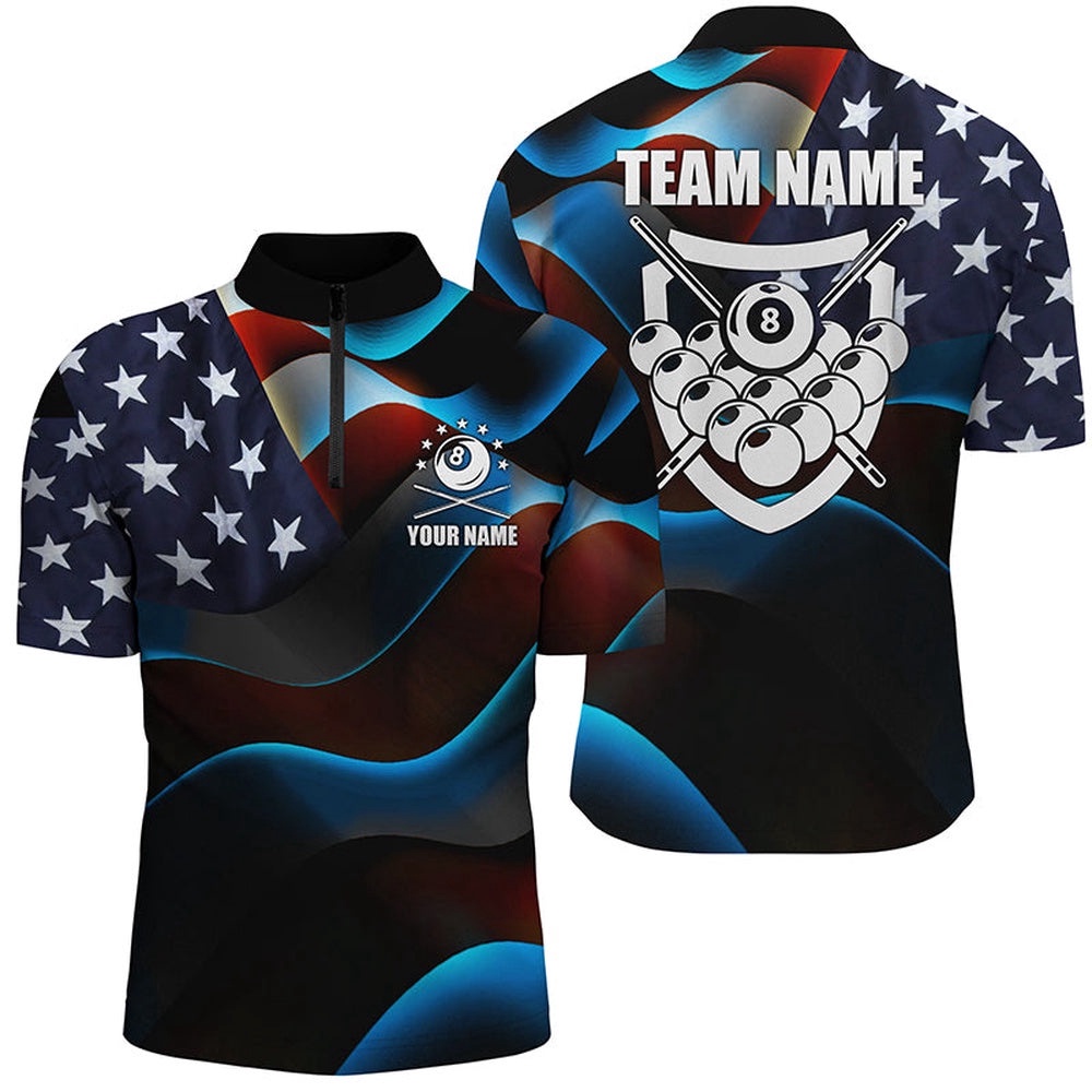 3D US Flag 8 Ball Pool Jersey Shirts, Custom Name Billiard 8 Ball Team Jerseys, Personalized Billiard Team Jersey Shirt