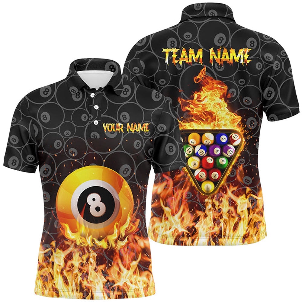 3D Yellow Flame 8 Ball Pool Polo Shirts, Custom Fire Billiard Balls Polo, Personalized Billiard Polo Shirt