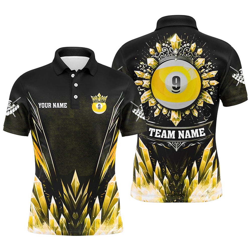 3D Yellow Icy Funny 9 Ball Pool Crown Billiard Polo Shirts Custom Billiard Polo, Personalized Billiard Polo Shirt