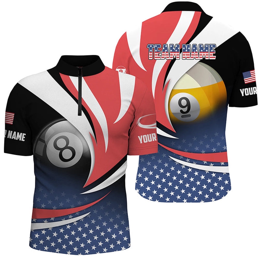 8 Ball & 9 Ball Pool Custom American Flag Billiard Shirts, Patriotic Billiard Pool Jerseys, Personalized Billiard Team Jersey Shirt