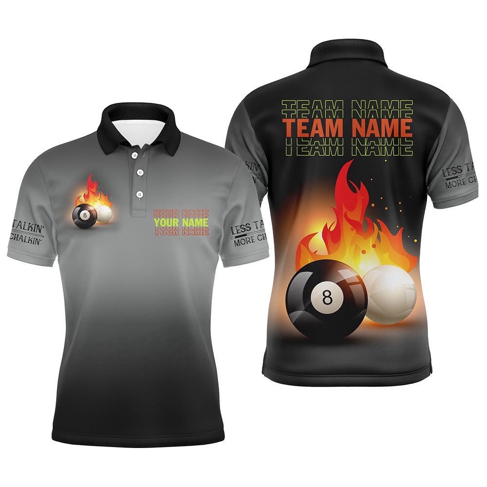 8 Ball And Cue Ball Pool Black 3D Polo Shirts, Custom Name Billiards Polo, Personalized Billiard Polo Shirt