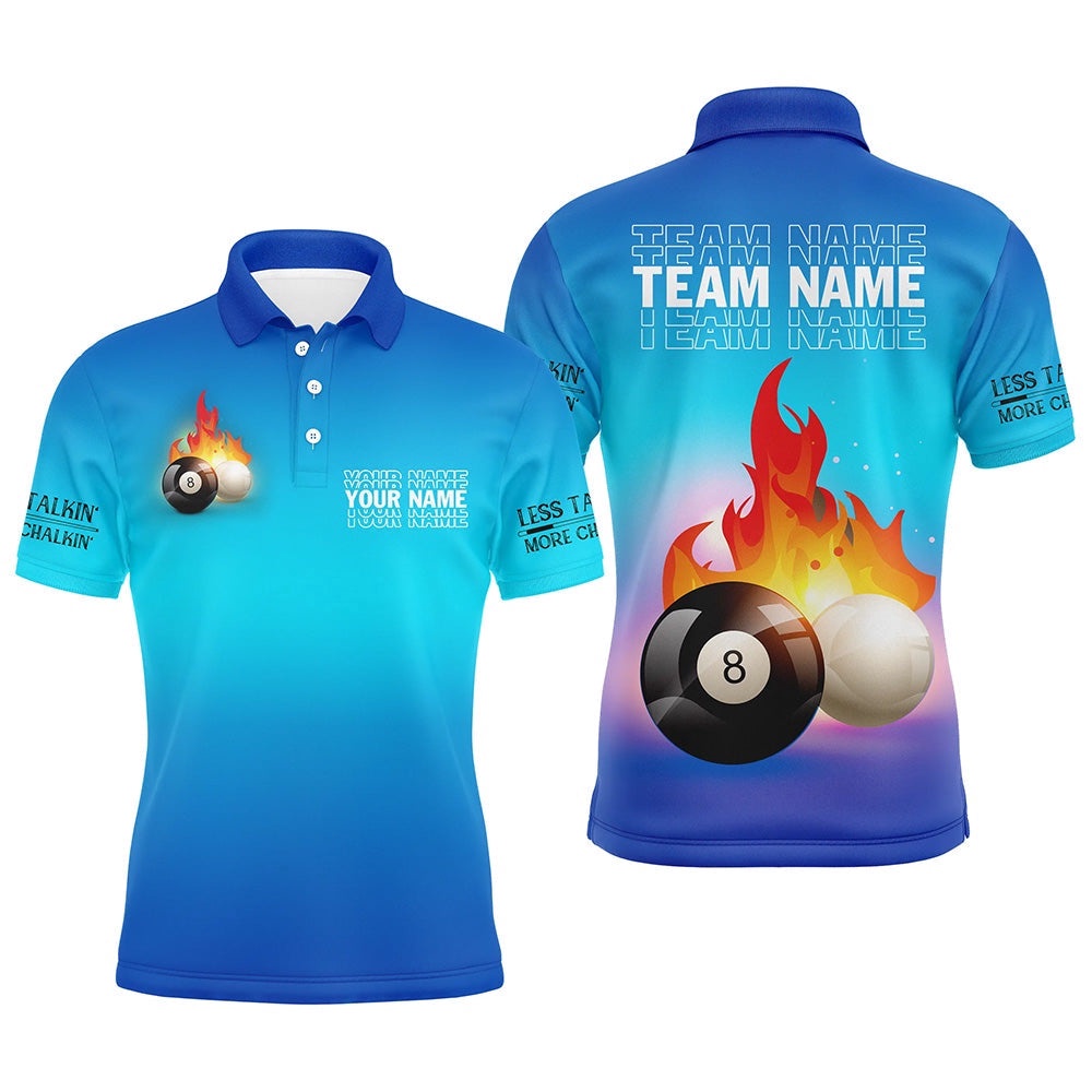 8 Ball And Cue Ball Pool Blue 3D Polo Shirts, Custom Name Billiard Polo, Personalized Billiard Polo Shirt