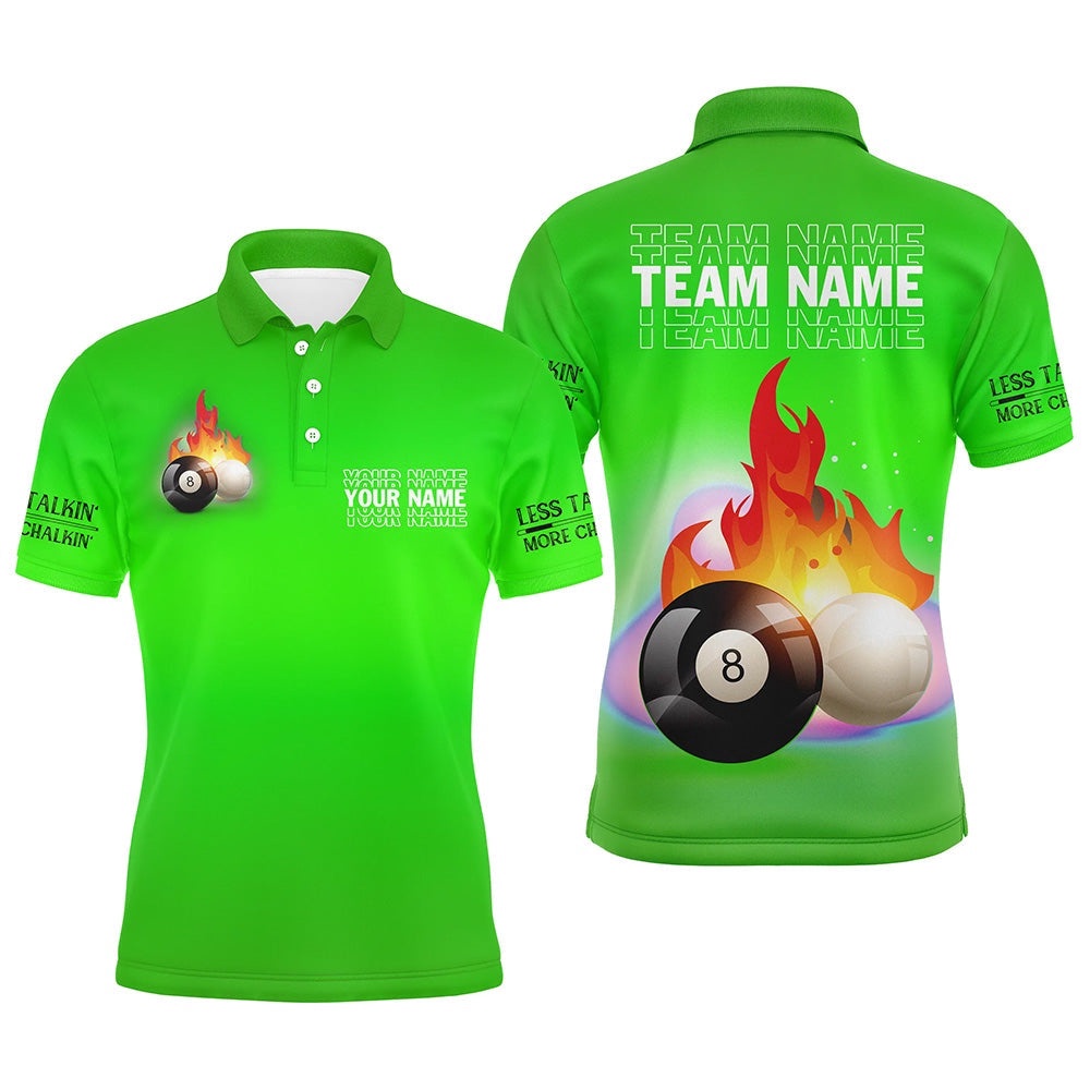 8 Ball And Cue Ball Pool Green 3D Polo Shirts, Custom Name Billiard Polo, Personalized Billiard Polo Shirt