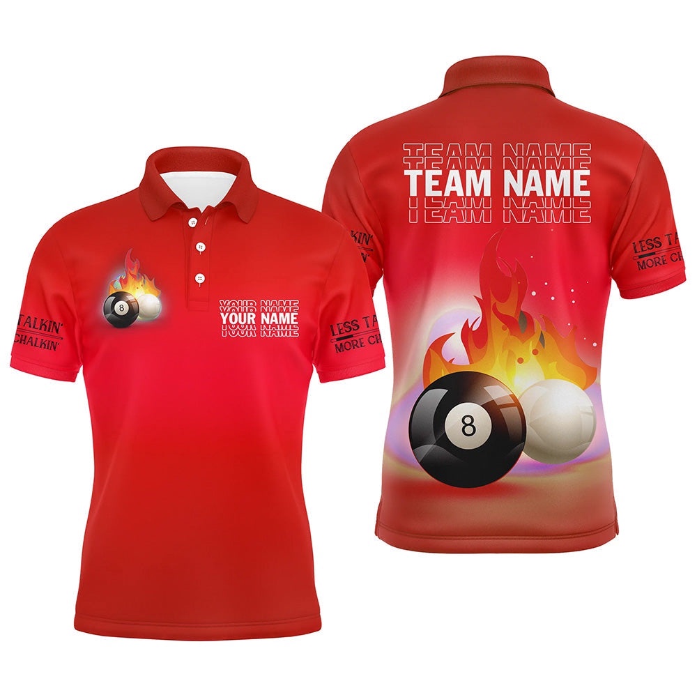 8 Ball And Cue Ball Pool Red 3D Polo Shirts, Custom Name Billiard Polo, Personalized Billiard Polo Shirt