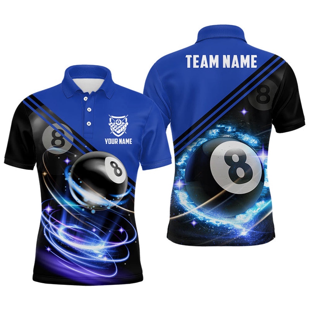 8 Ball Billiard Blue 3D Polo Shirts, Custom 8 Ball Pool Billiard Polo, Personalized Billiard Polo Shirt