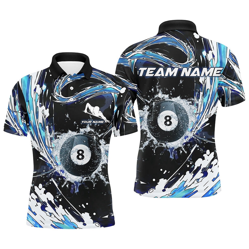 8 Ball Billiard Blue Waves 3D All Over Print Polo Shirts, Pool Lover Shirts, Personalized Billiard Polo Shirt
