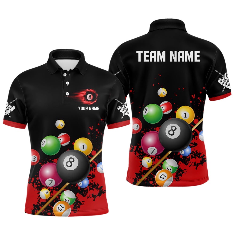 8 Ball Billiard Red 3D Polo Shirts, Custom Name Billiard Pool Team Polo, Personalized Billiard Polo Shirt