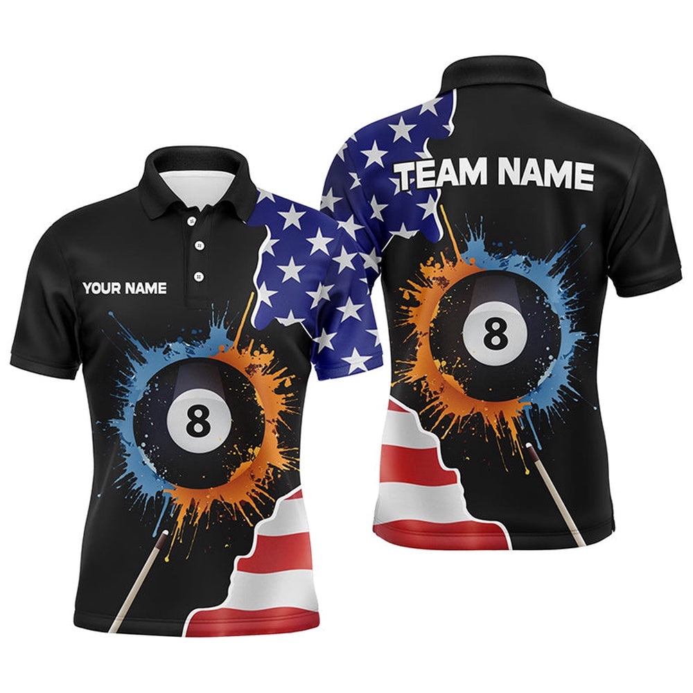 8 Ball Billiard Watercolor American Flag Custom Name Polo Shirts Patriotic Gifts For Player, Personalized Billiard Polo Shirt