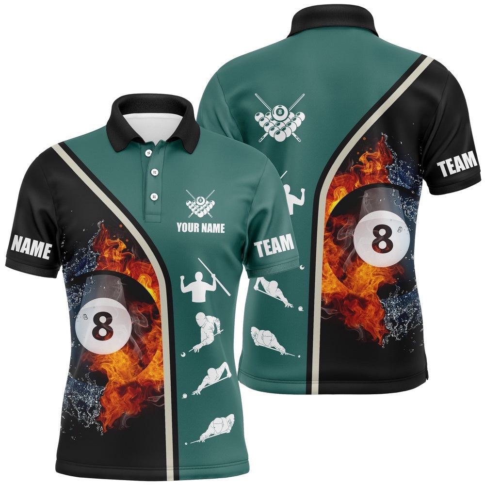 8 Ball Fire Flame Billiard Green Black 3D Polo Shirts, Custom Billiards Polo, Personalized Billiard Polo Shirt