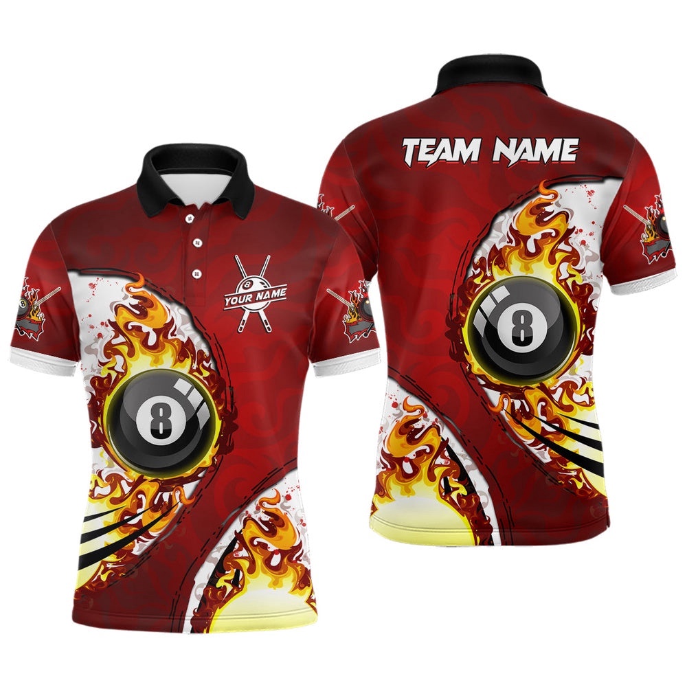 8 Ball Fire Pool Billiards Polo Shirts Custom Billiard Team Name Unisex Shirts, Personalized Billiard Polo Shirt