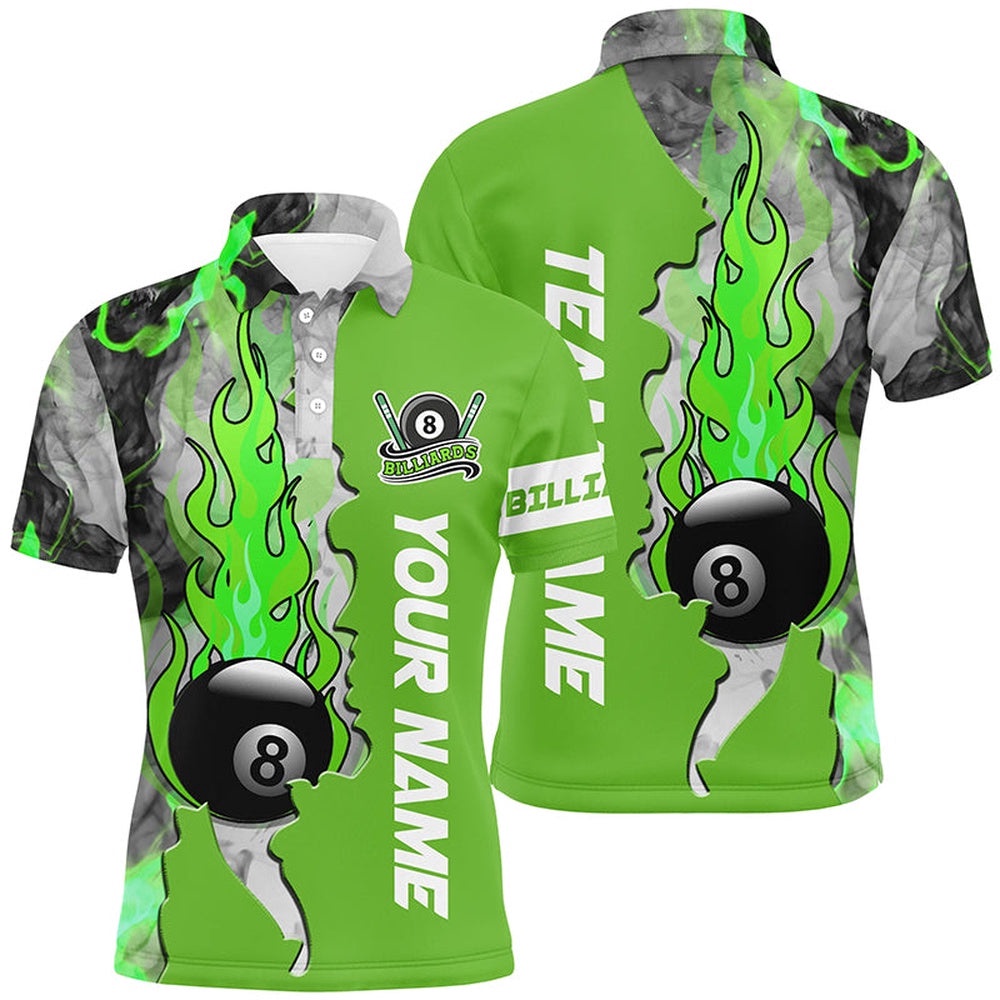 8 Ball Fire Smoke Billiard’s Shirts Green Version Custom Pool Team Polo Shirts, Personalized Billiard Polo Shirt