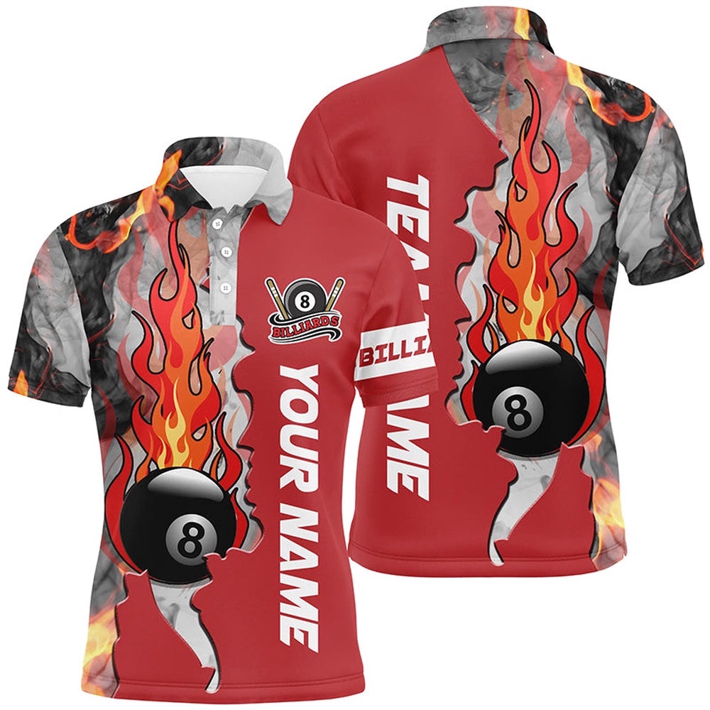 8 Ball Fire Smoke Billiard’s Shirts Red Version Custom Pool Team Polo Shirts, Personalized Billiard Polo Shirt
