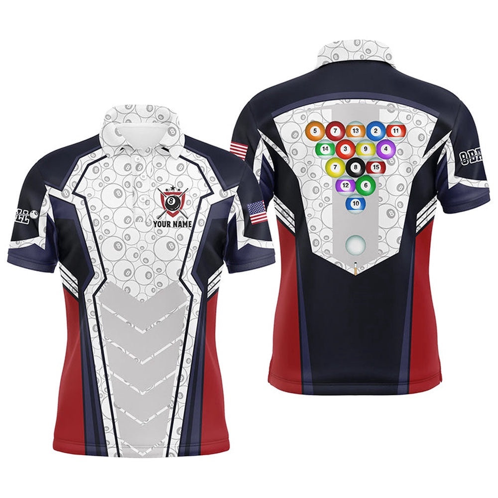 8 Ball Pattern Billiard 3D Polo Shirts, Custom Name US Flag Billiard Shirts, Personalized Billiard Polo Shirt