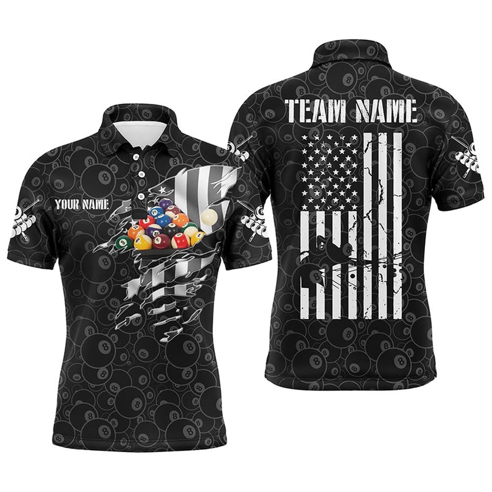 8 Ball Pattern Billiard 3D Polo Shirts, Custom US Flag Pool Player Polo, Personalized Billiard Polo Shirt