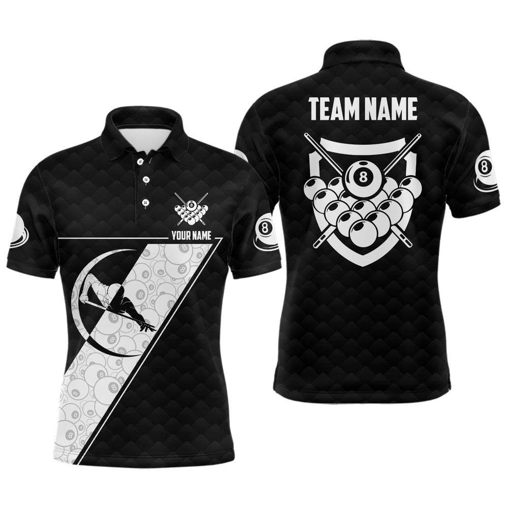 8 Ball Pattern Billiard White Black Polo Shirts, Custom Pool Player Polo, Personalized Billiard Polo Shirt