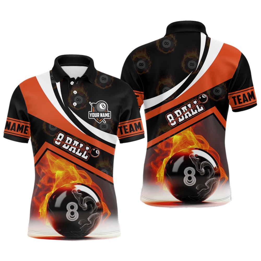 8 Ball Pattern Flame Billiard Orange 3D Polo Shirts, Custom Billiards Polo, Personalized Billiard Polo Shirt