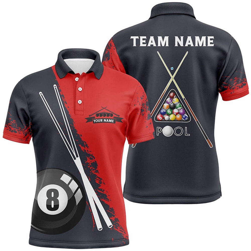 8 Ball Pool Billiards Red Black 3D Polo Shirts, Custom Pool Billiards Polo, Personalized Billiard Polo Shirt