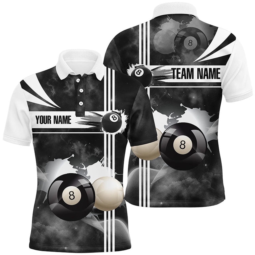 8 Ball Pool Black White Billiard 3D Polo Shirts, Custom Pool Balls Polo, Personalized Billiard Polo Shirt