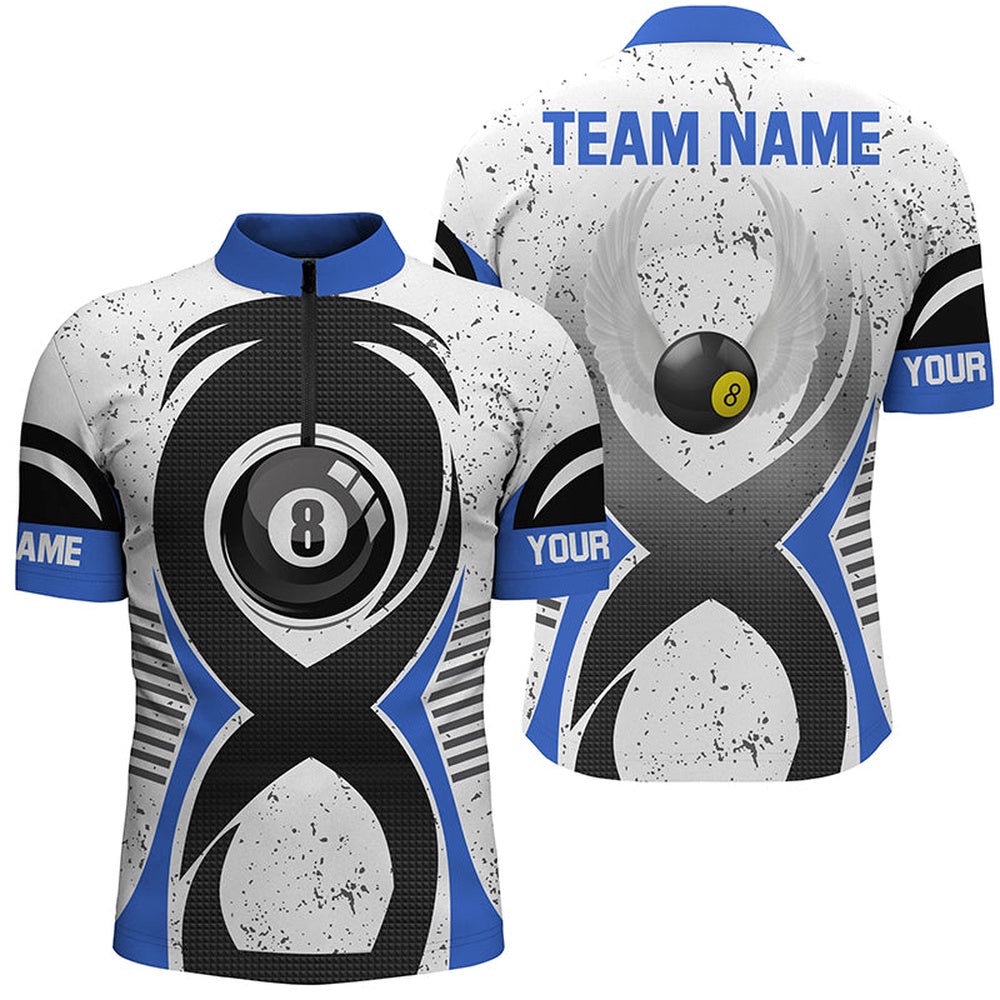 8 Ball Pool Blue White Grunge Custom Billiards Jerseys, Personalized Billiard Team Jersey Shirt