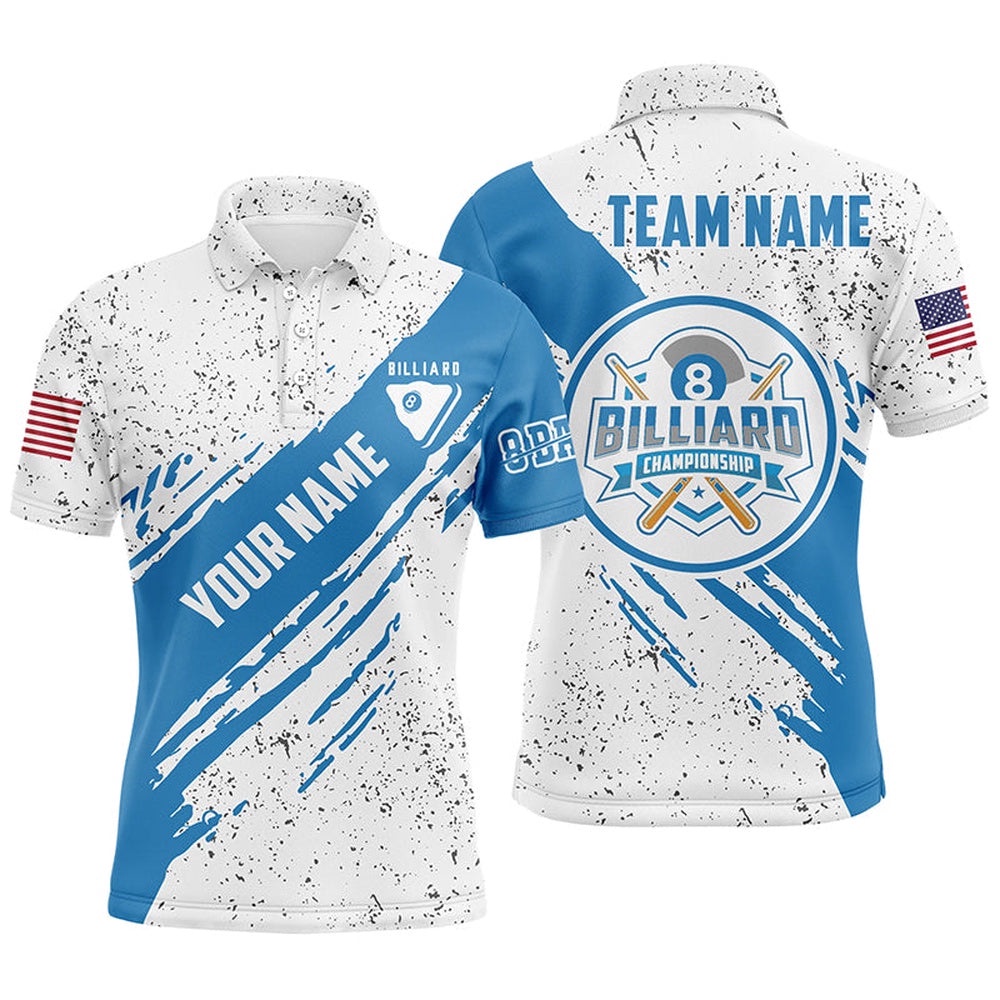 8 Ball Pool Blue White Grunge US Flag Billiard Polo, Personalized Billiard Polo Shirt