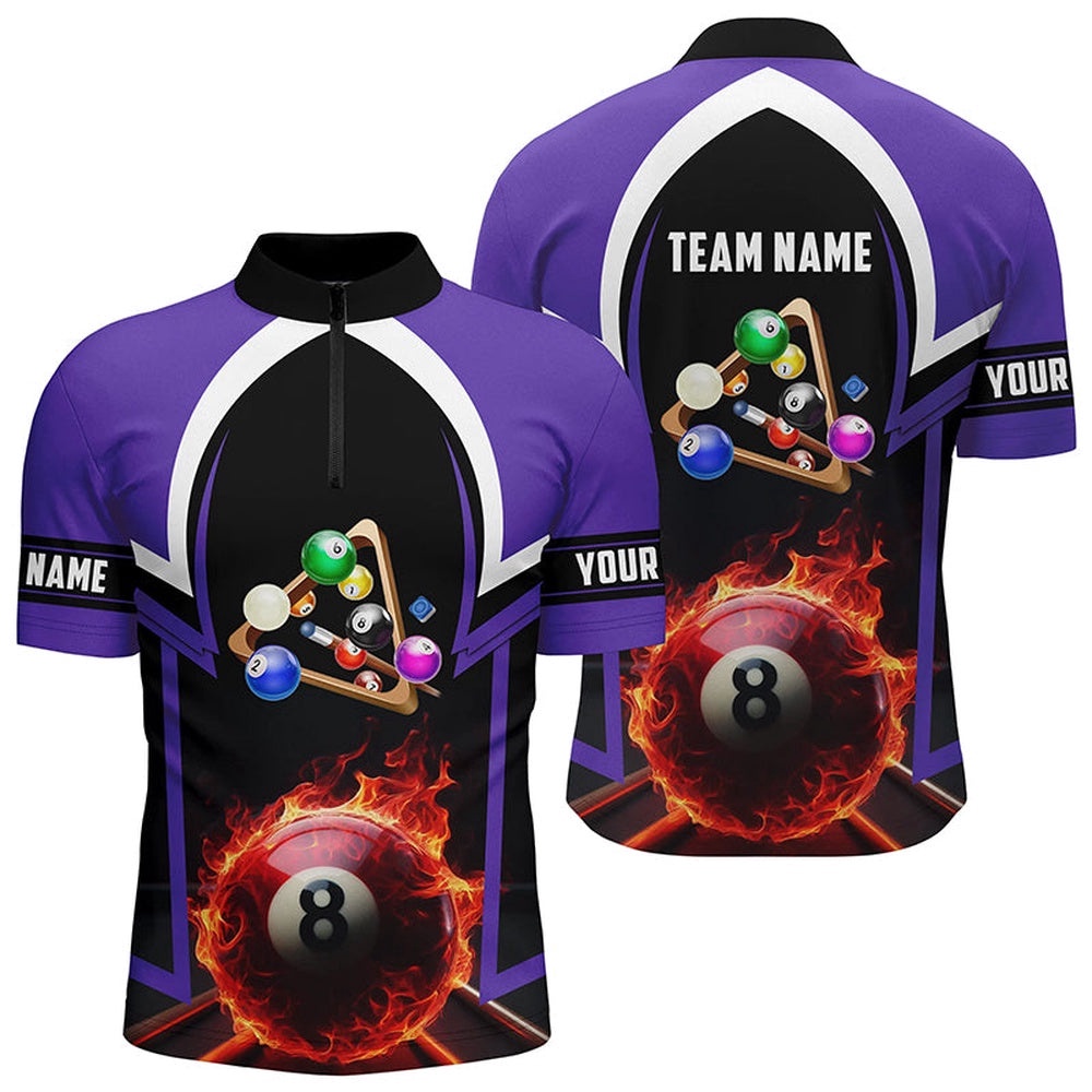 8 Ball Pool Fire 3D Purple Billiard Jerseys Jersey Shirts Custom Pool Team Jerseys, Personalized Billiard Team Jersey Shirt