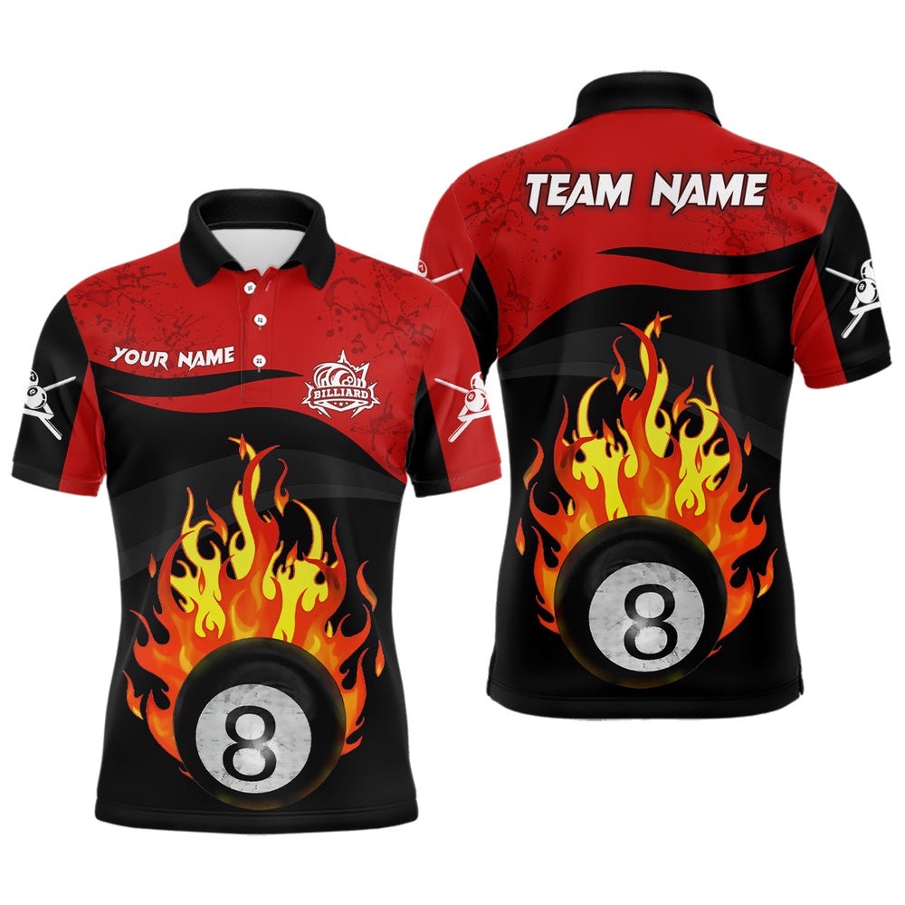 8 Ball Pool Flame Black Red Billiard Polo Shirts Best Custom Billiard Team Shirts, Personalized Billiard Polo Shirt