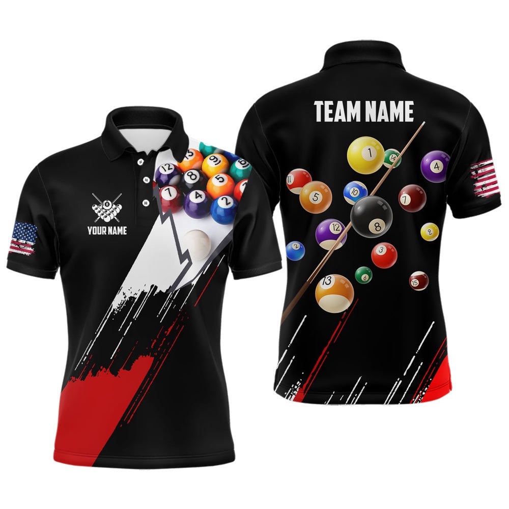 8 Ball Pool Player Black Red US Flag Billiard Polo, Personalized Billiard Polo Shirt 8 Ball Pool Player Black Red US Flag Billiard Polo, Personalized Billiard Polo Shirt