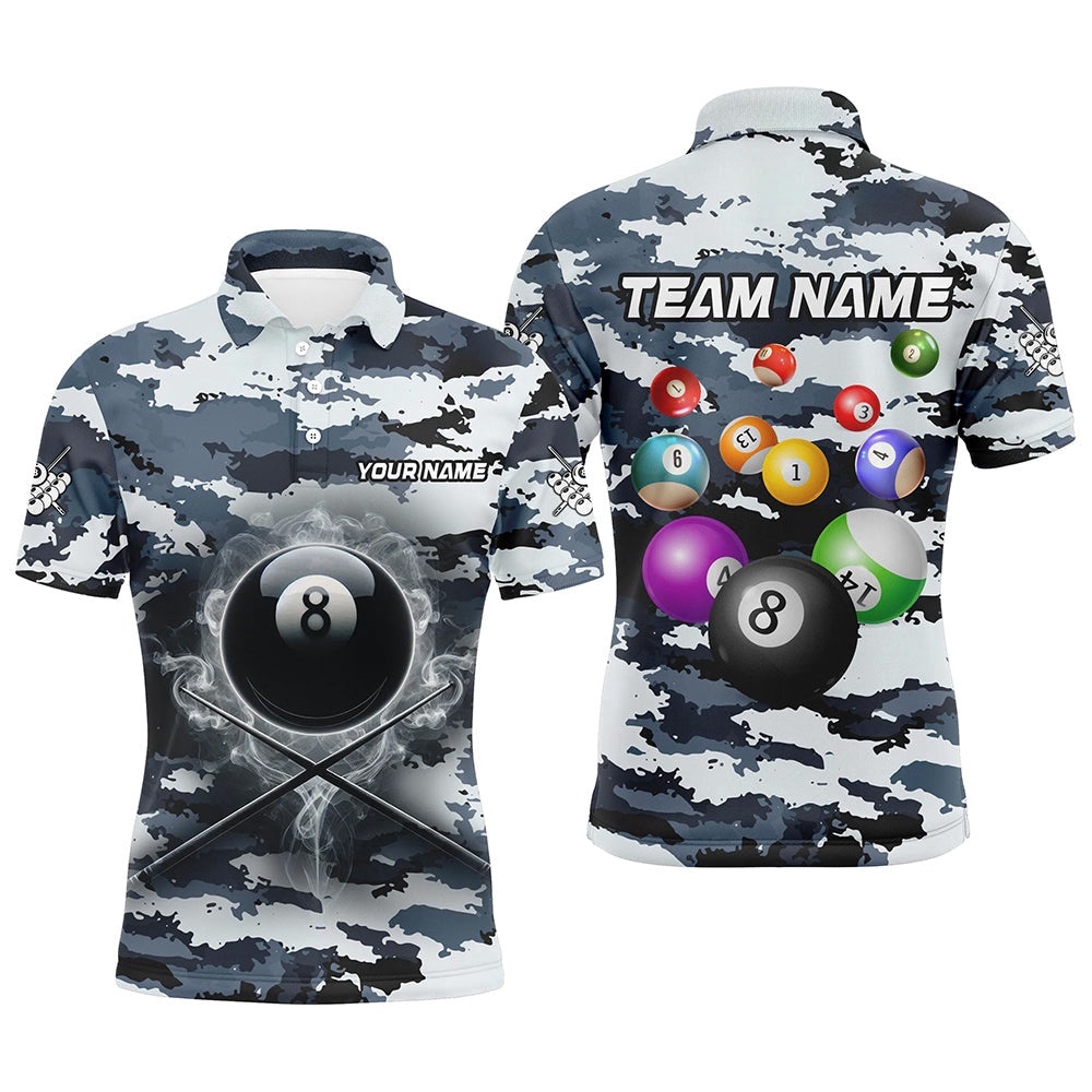 8 Ball Pool Smoke Billiard Shirts Custom Camo Billiard Balls Team Polo, Personalized Billiard Polo Shirt