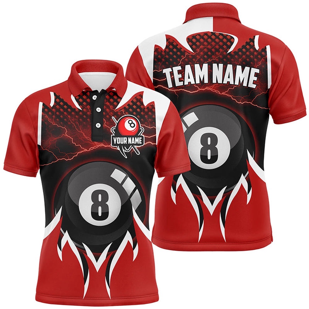 8 Ball Pool Thunder Lighting Red 3D Polo Shirts, Custom Billiards Polo, Personalized Billiard Polo Shirt