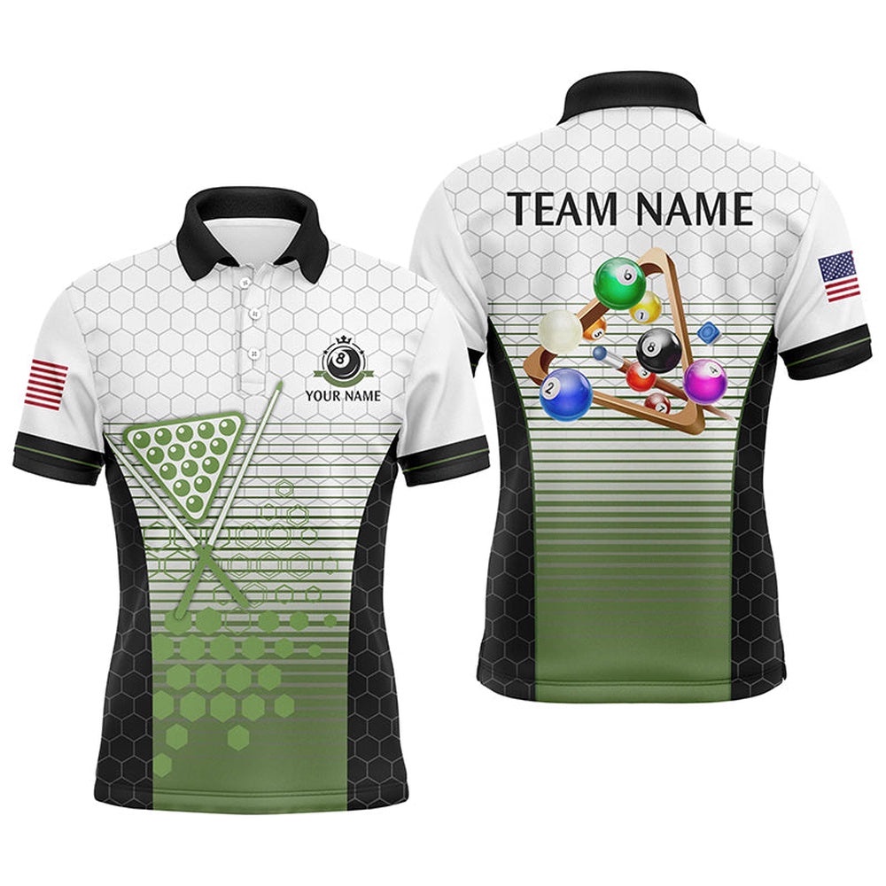 8 Ball Pool US Flag Billiard Green Polo Shirts, Custom Billiard Balls Polo, Personalized Billiard Polo Shirt