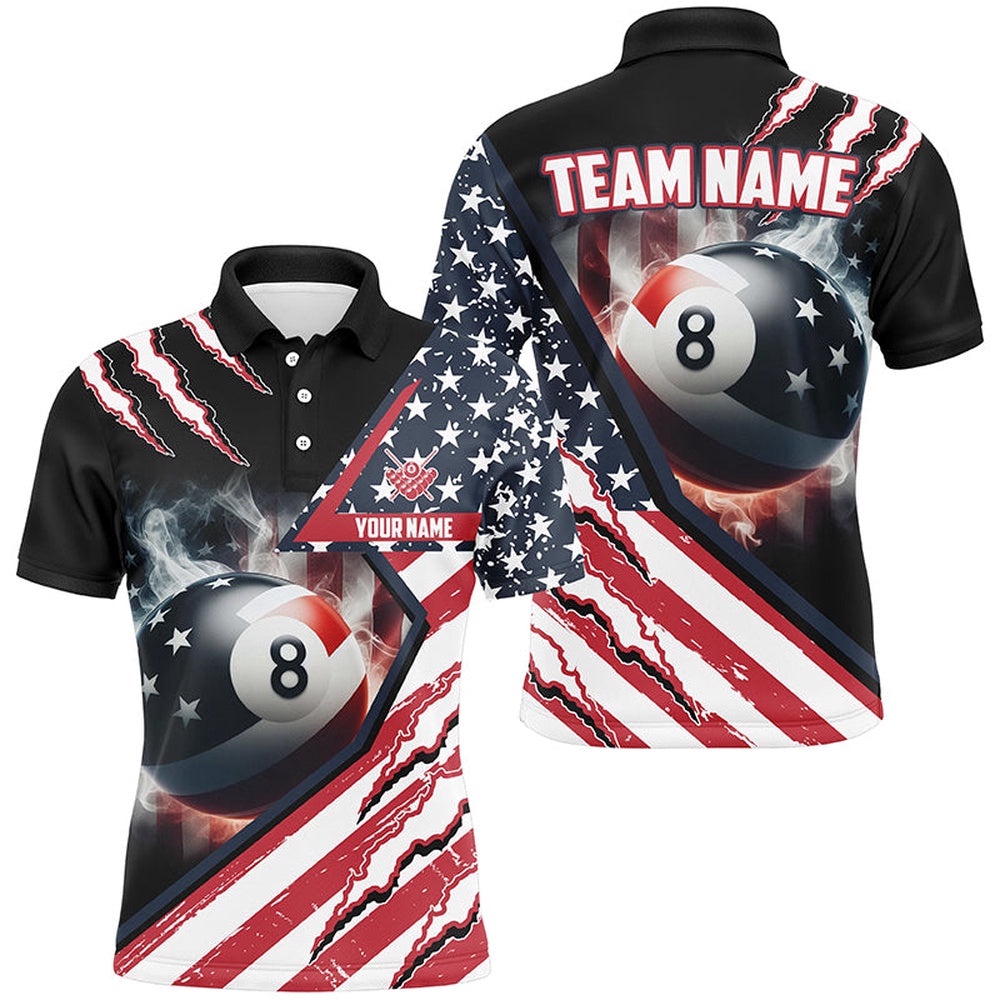 8 Ball Pool US Flag Smoke Billiard Shirts, Patriotic Billiard Polo Attire, Personalized Billiard Polo Shirt