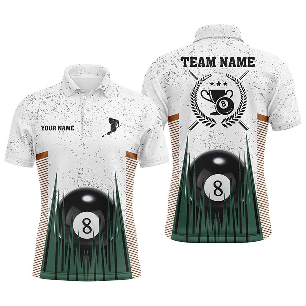 8 Ball Pool White Grunge Polo Shirts, 8 Ball Trophy Emblem Billiard Polo, Personalized Billiard Polo Shirt