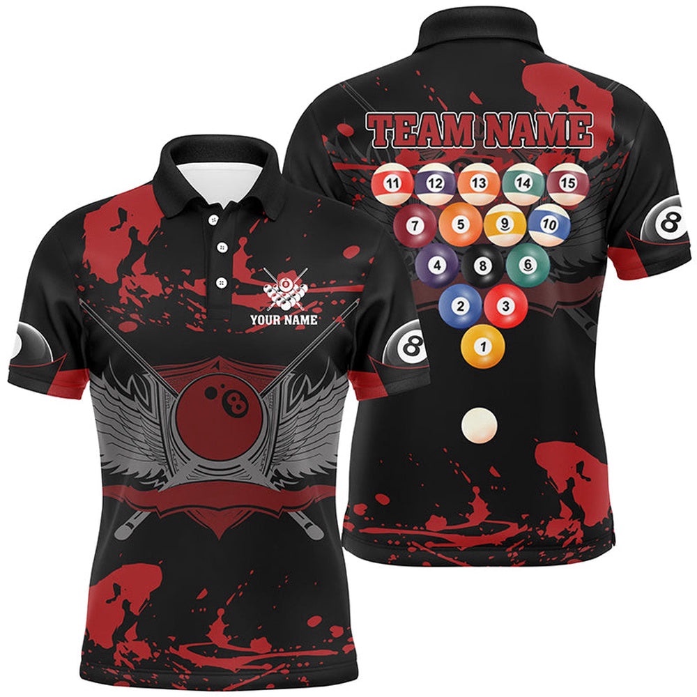 8 Ball With Wings Billiard Red Black 3D Polo Shirts, Custom Billiards Polo, Personalized Billiard Polo Shirt