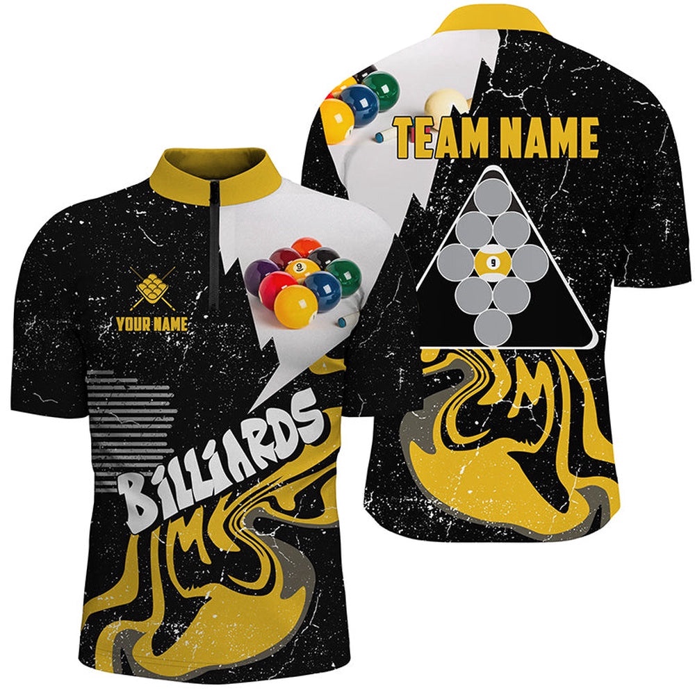 9 Ball Billiard Shirts Custom Grunge Yellow Black 9 Ball Pool Jerseys, Personalized Billiard Team Jersey Shirt