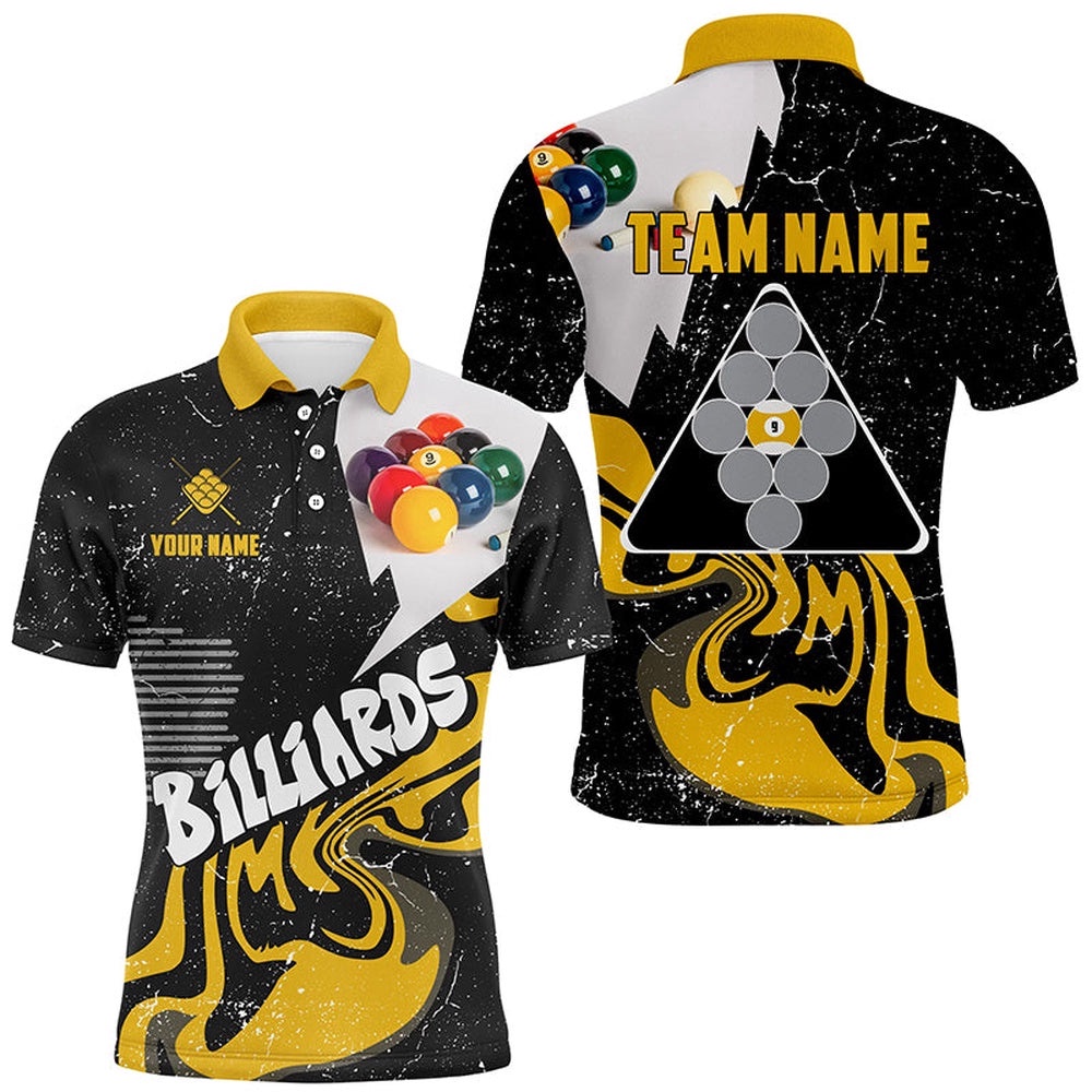 9 Ball Billiard Shirts Custom Grunge Yellow Black 9 Ball Pool Polo, Personalized Billiard Polo Shirt