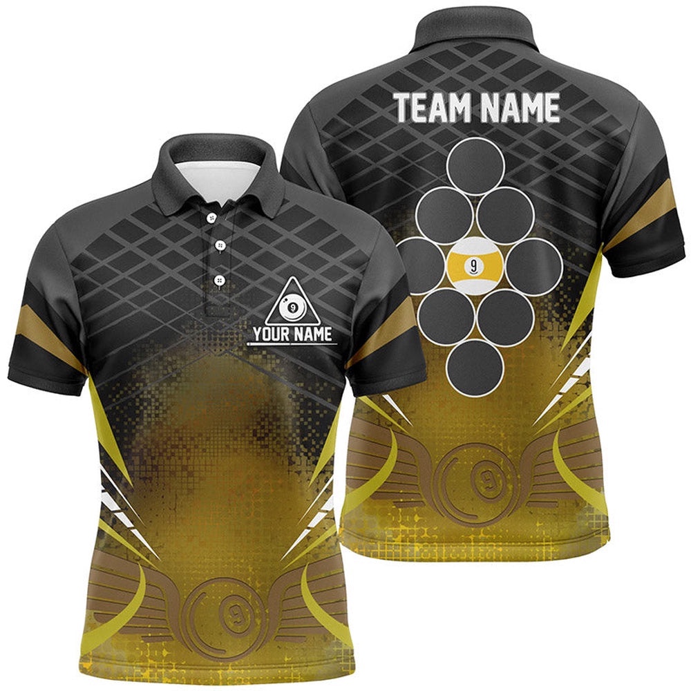 9 Ball Pool Billiards Black Yellow 3D Polo Shirts, Billiard Balls Polo, Personalized Billiard Polo Shirt