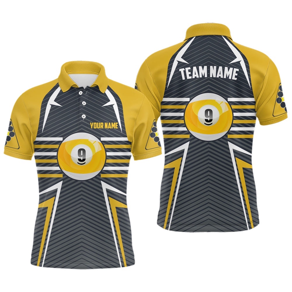 9 Ball Pool Billiards Yellow Grey Polo Shirts, Custom Pool Billiards Polo, Personalized Billiard Polo Shirt 9 Ball Pool Billiards Yellow Grey Polo Shirts, Custom Pool Billiards Polo, Personalized Billiard Polo Shirt