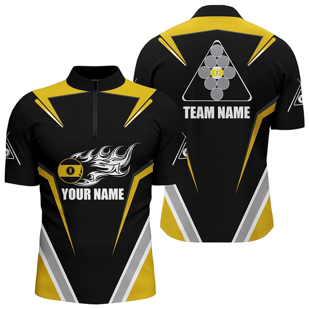 9 Ball Pool Flame Yellow Black Custom Billiards Jerseys, Personalized Billiard Team Jersey Shirt