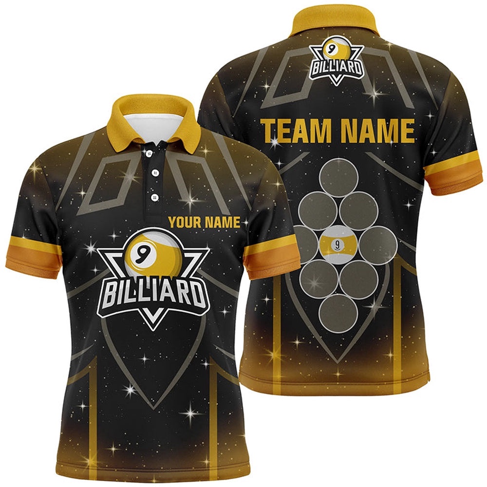9 Ball Pool Yellow Black Billiard 3D Polo Shirts, 9 Ball Billiard Polo, Personalized Billiard Polo Shirt